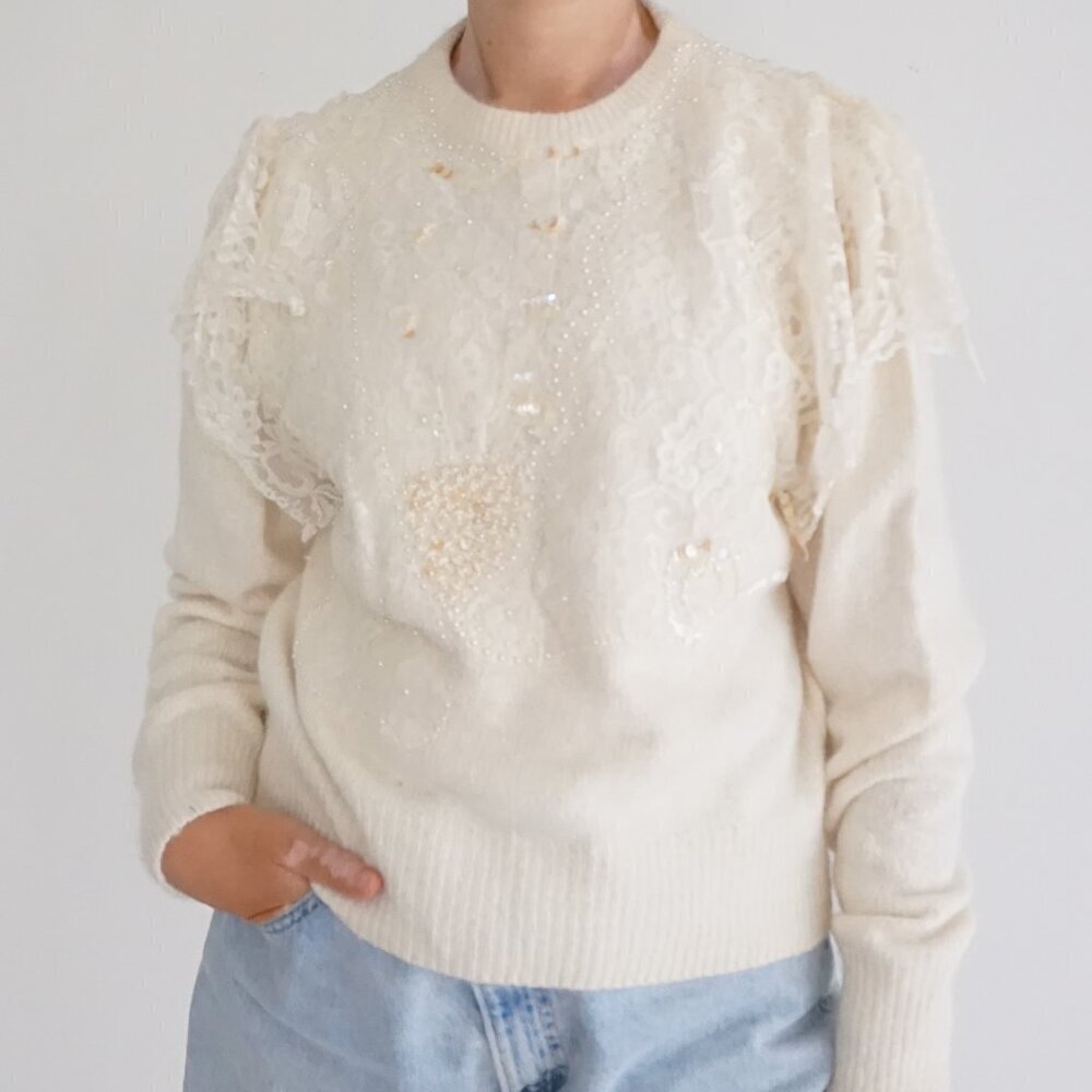 Vintage I.B. Diffusion Cream Silk Wool Lace Beaded Sweater Romantic Old Money L